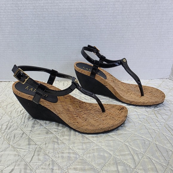 Lauren Ralph Lauren T Strap Sandals Womens 7B Wedge Rosalia Summer Cork - Picture 5 of 11
